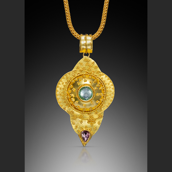 Raja Pendant 22k Gold granulation and 18k gold with blue topaz and purple sapphire, chain sold separately (# 1347)