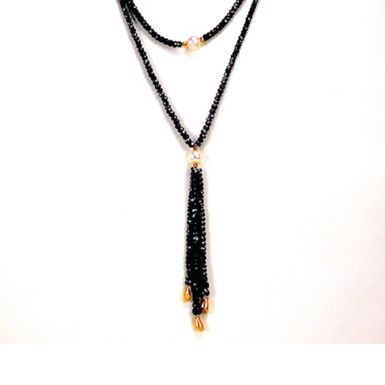 Three tassel black sapphire necklace, 18k gold and freshwater pearls
