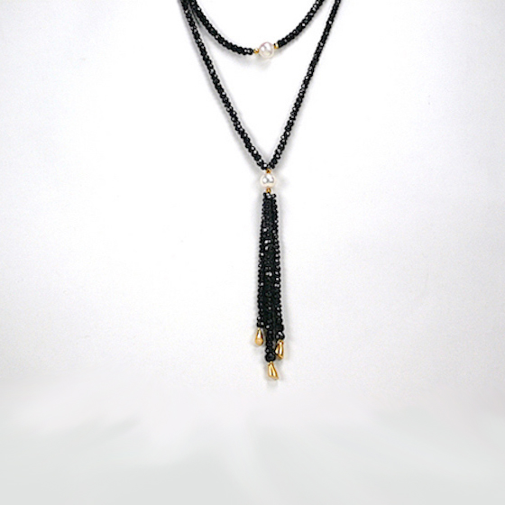 Three Tassel Black Sapphire Necklace, 18k gold with freshwater pearls (# 1278)
