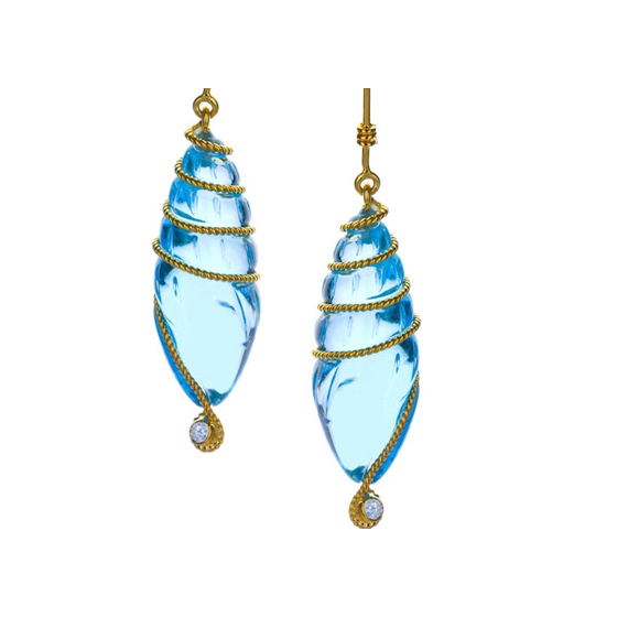18k Gold, Carved Blue Topaz Earrings, with Diamonds, 18k gold hooks