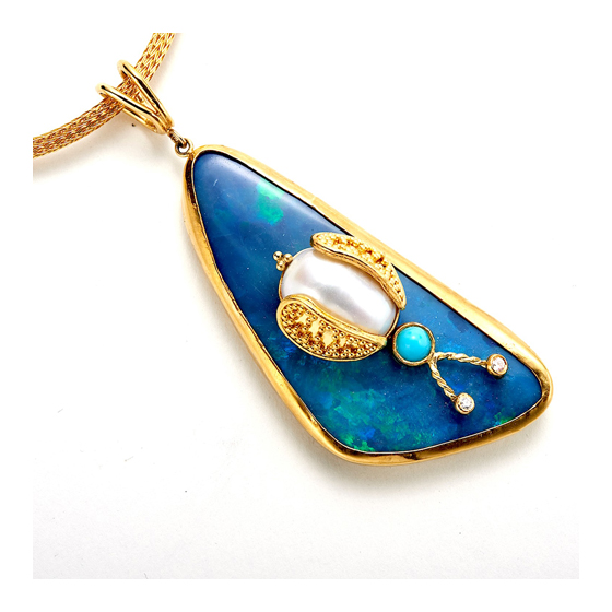 Pendant, 22k granulated wings and 18k Gold on black opal , pearl body, turquoise head, diamond antenna. Chain sold separately (# 8)