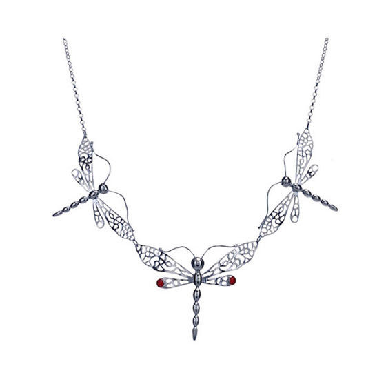 Sterling silver dragon fly trio necklace with coral