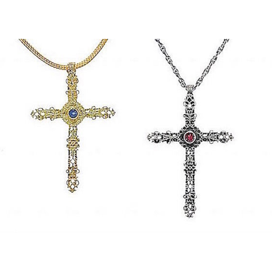 Byzantine crosses 18 karat gold with blue sapphire. Sterling silver with garnet