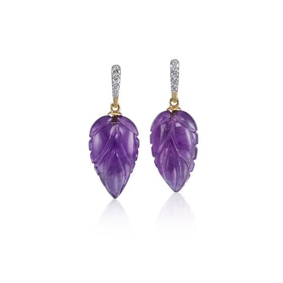 18k gold Earrings, carved Amethyst Leaves with Diamonds (# 1170)
