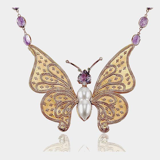 PA Butterfly Pendant 22k granulated wings and 18k gold , fresh water pearl body amethyst head, diamond antenna emerald eyes 18k gold amethyst chain included