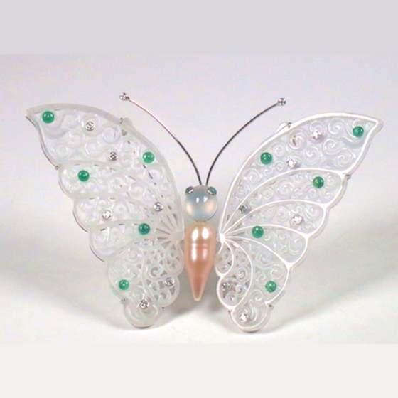 Iced Butterfly Pin Pendant, with carved jade wings, pearl, emeralds and diamonds